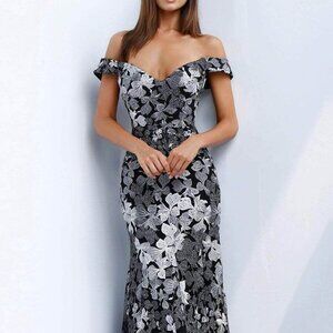 NWT Jovani 61380SC Embroidered Prom Dress Black/Gray 10